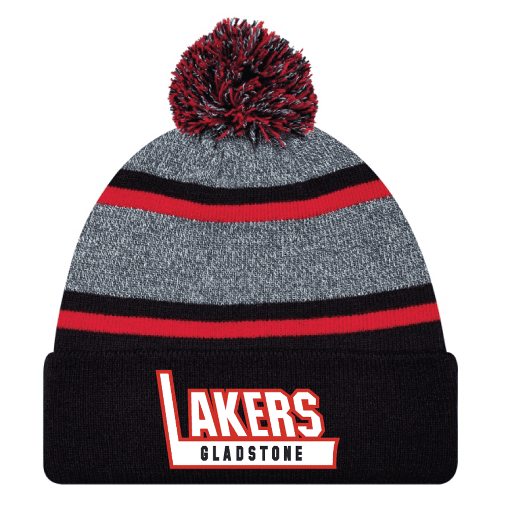 9M069M Acrylic Roll Pom Pom Toque - Black/Red/Charcoal